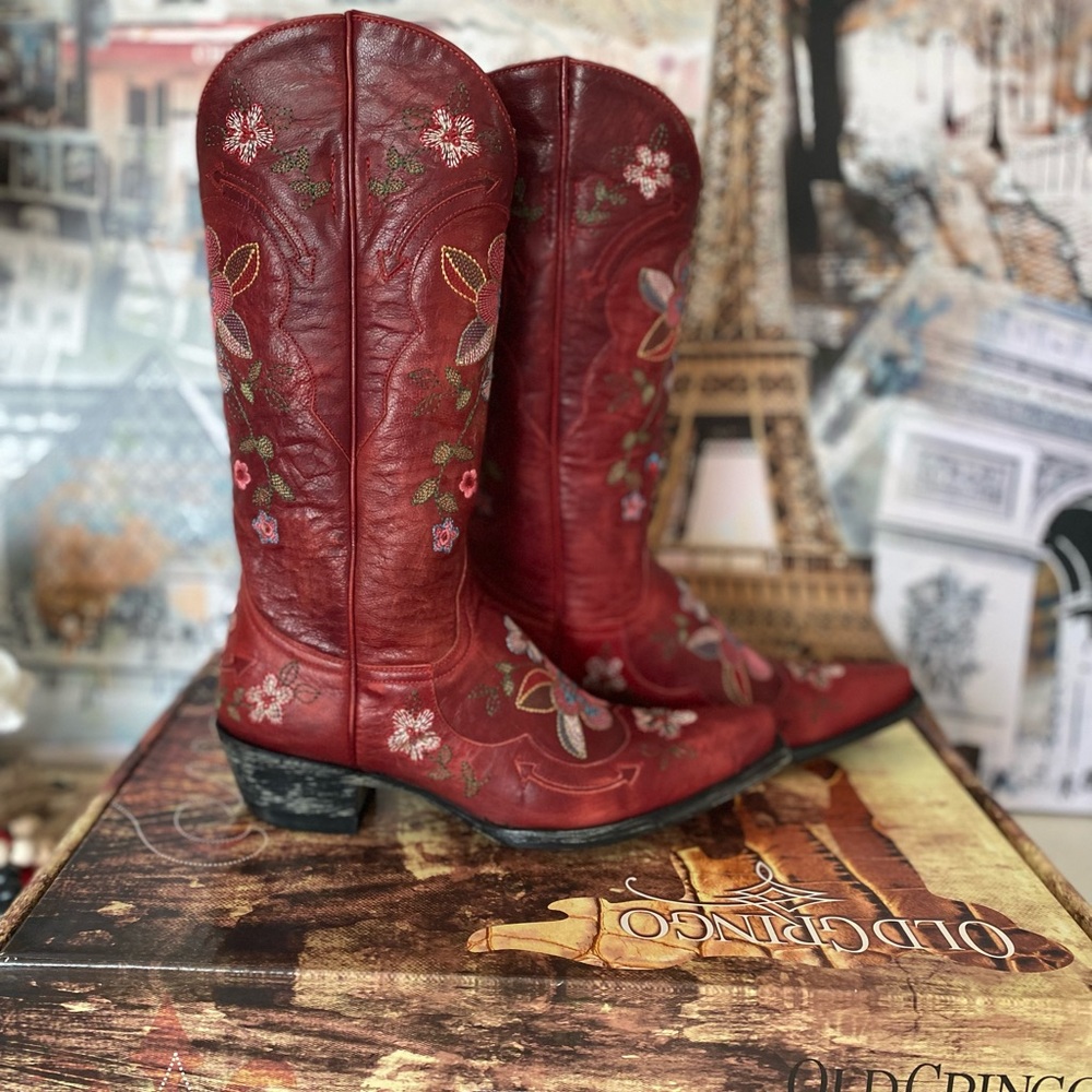 Old Gringo Bonnie L6493 Red Floral Leather Cowboy Boots Women's 7.5B NEW IN BOX
